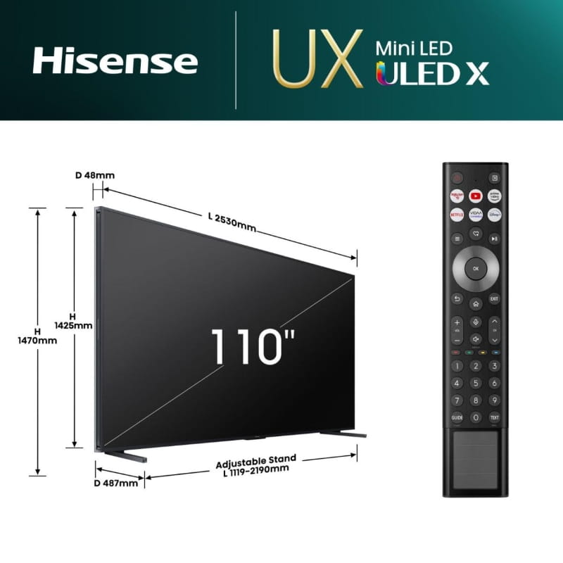 Hisense 110UXNQ 110-инчов Mini LED Smart TV с 4K Ultra HD резолюция и Dolby Atmos звук