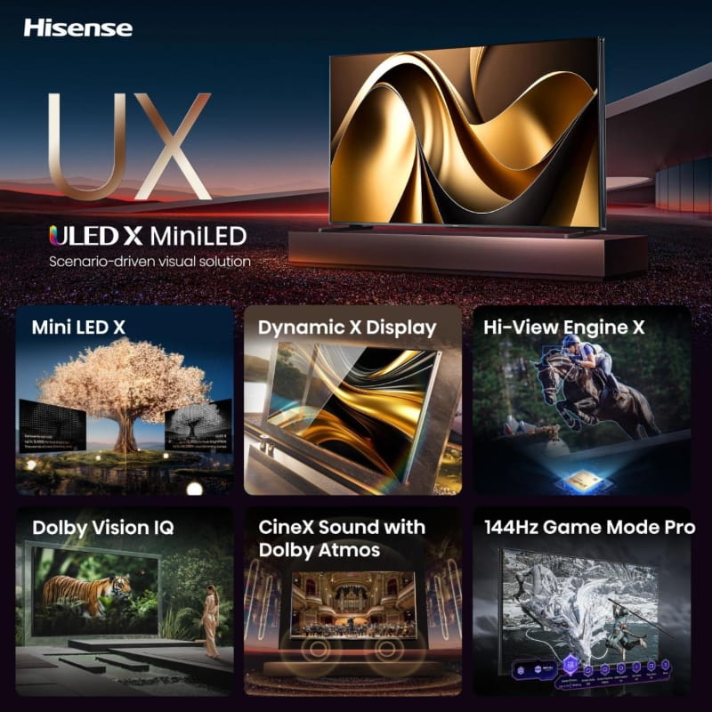 Hisense 110UXNQ 110-инчов Mini LED Smart TV с 4K Ultra HD резолюция и Dolby Atmos звук