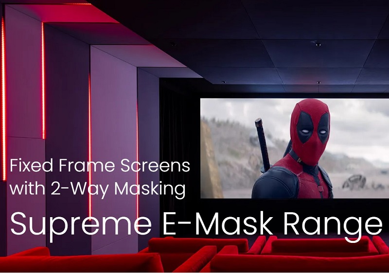 Screen Research Supreme E-Mask маскиращ екран, Supreme E‑Mask, Screen Research, ClearPix, домашно кино, акустично прозрачен, 2‑way masking, high‑end screen, fixed frame, premium projection
